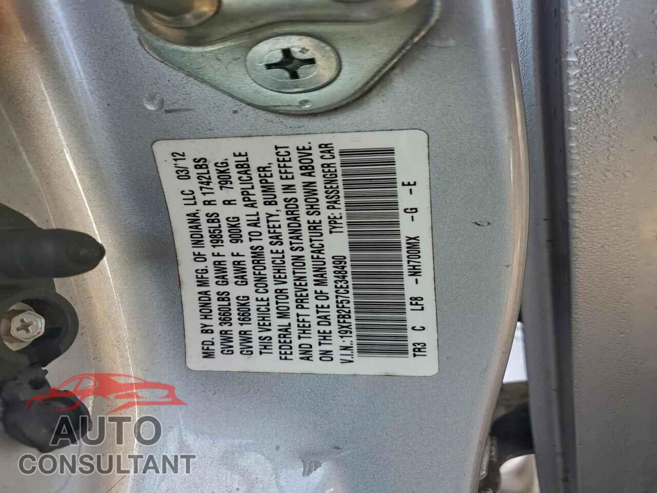 HONDA CIVIC 2012 - 19XFB2F57CE348490