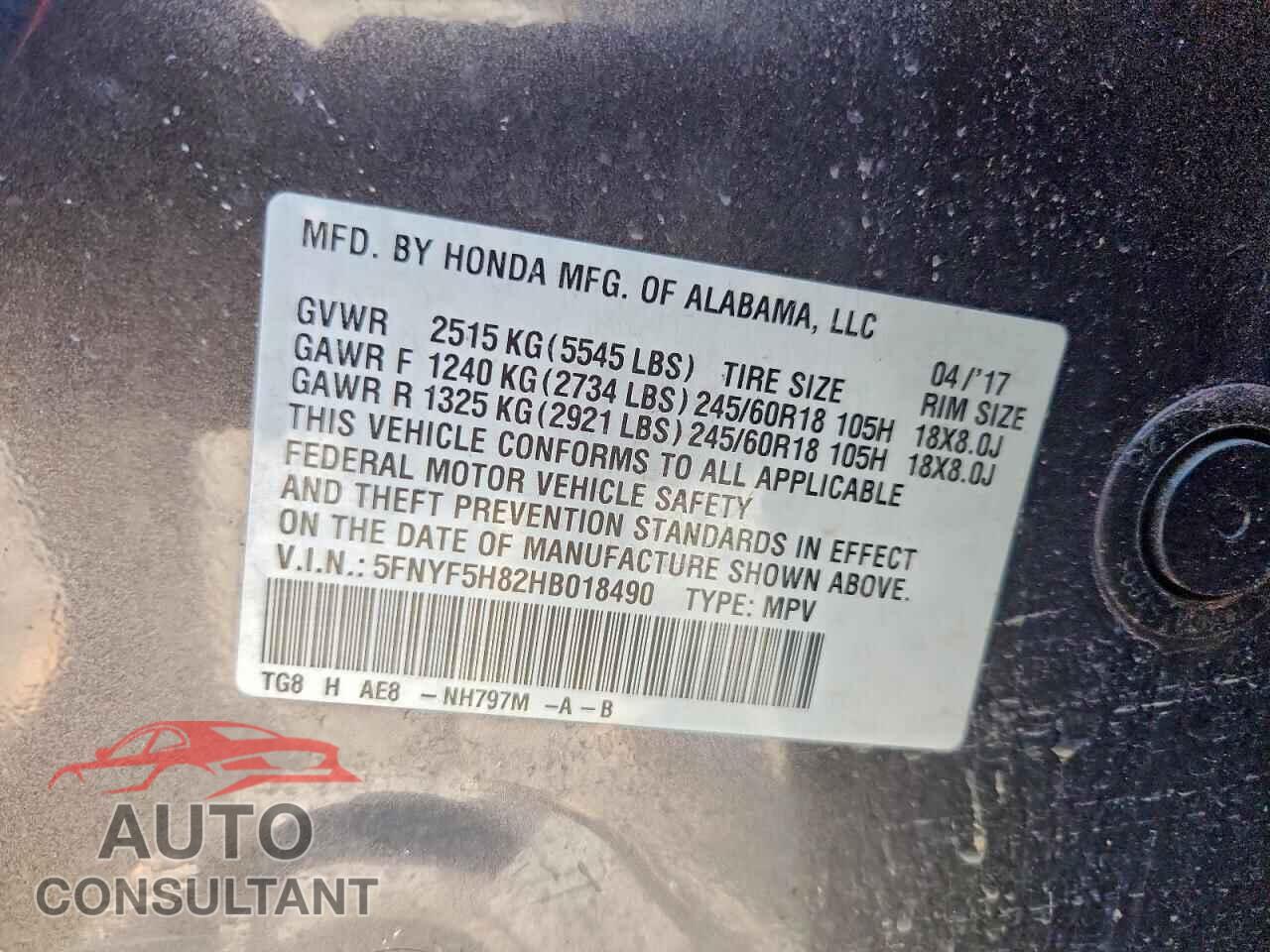 HONDA PILOT 2017 - 5FNYF5H82HB018490