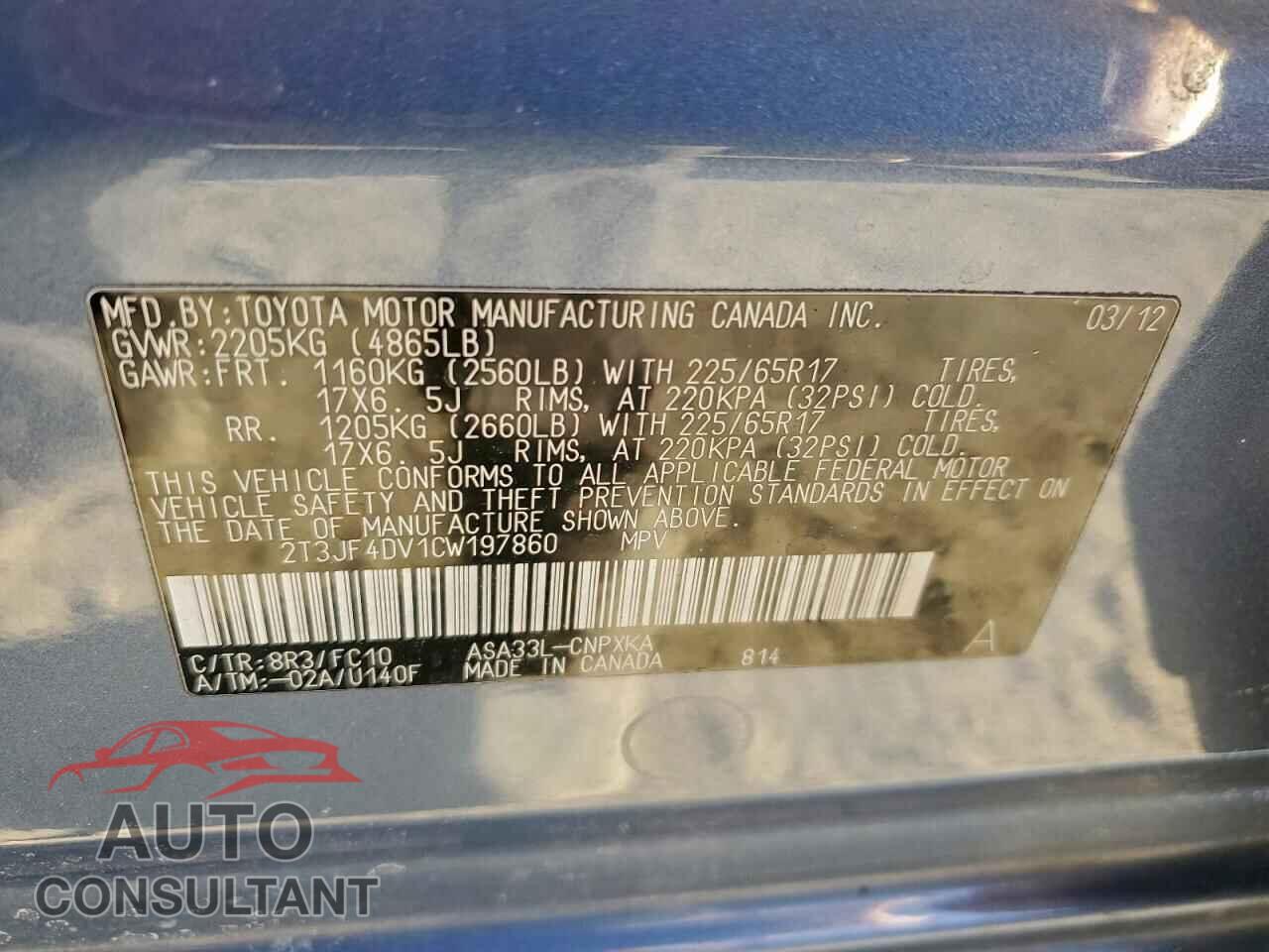 TOYOTA RAV4 2012 - 2T3JF4DV1CW197860