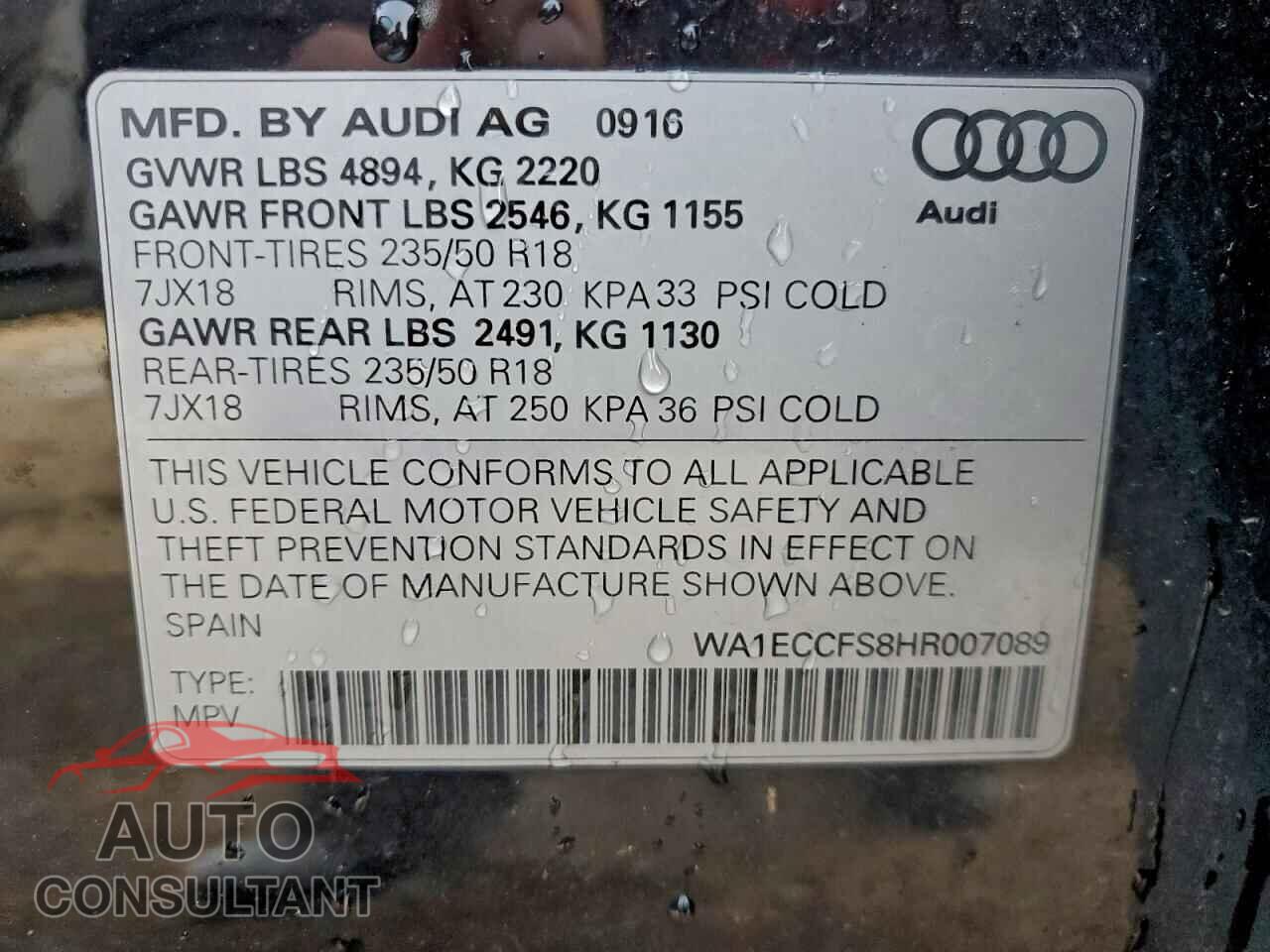 AUDI Q3 2017 - WA1ECCFS8HR007089