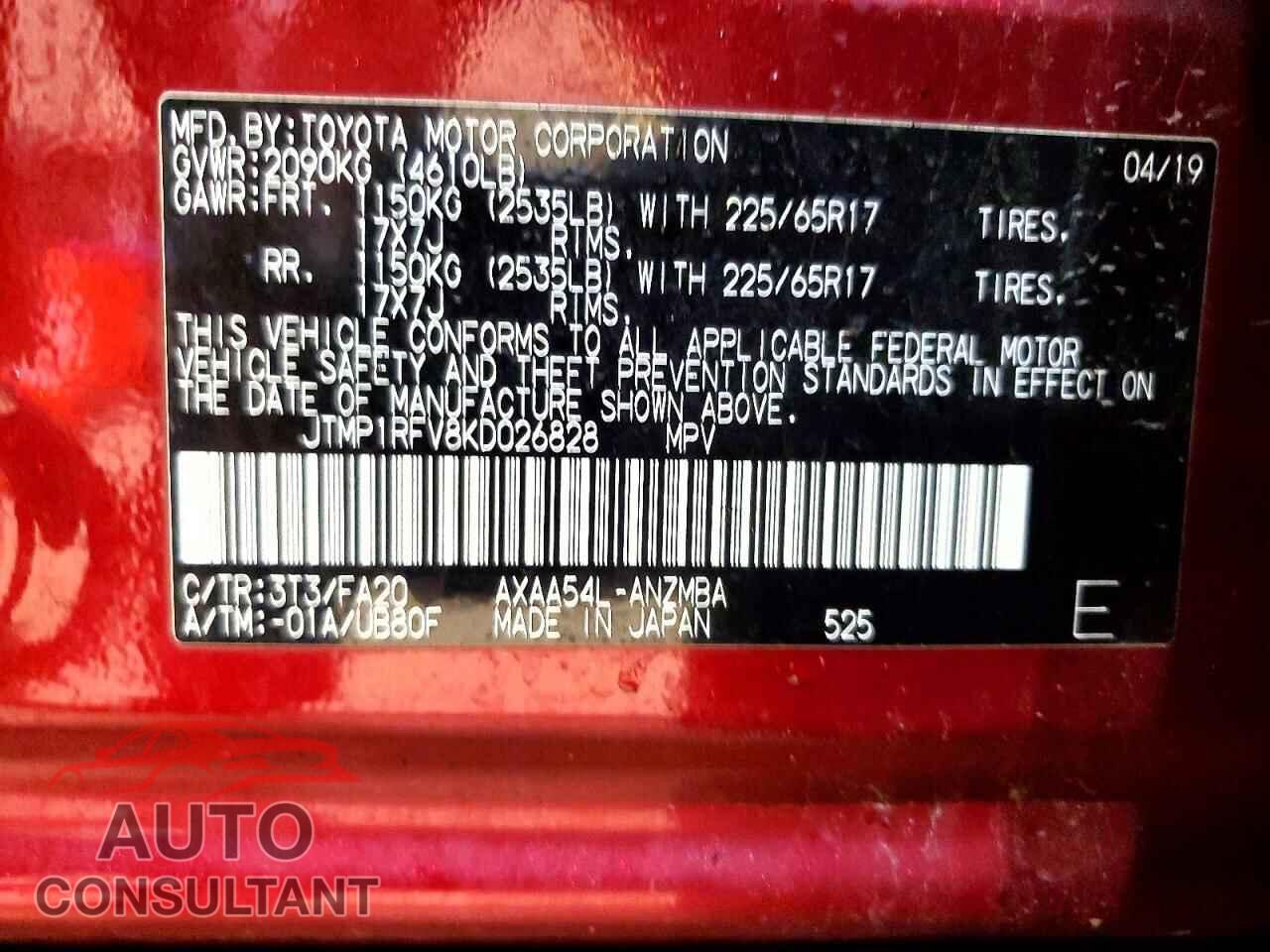 TOYOTA RAV4 2019 - JTMP1RFV8KD026828