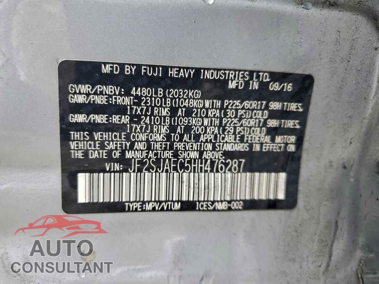 SUBARU FORESTER 2017 - JF2SJAEC5HH476287