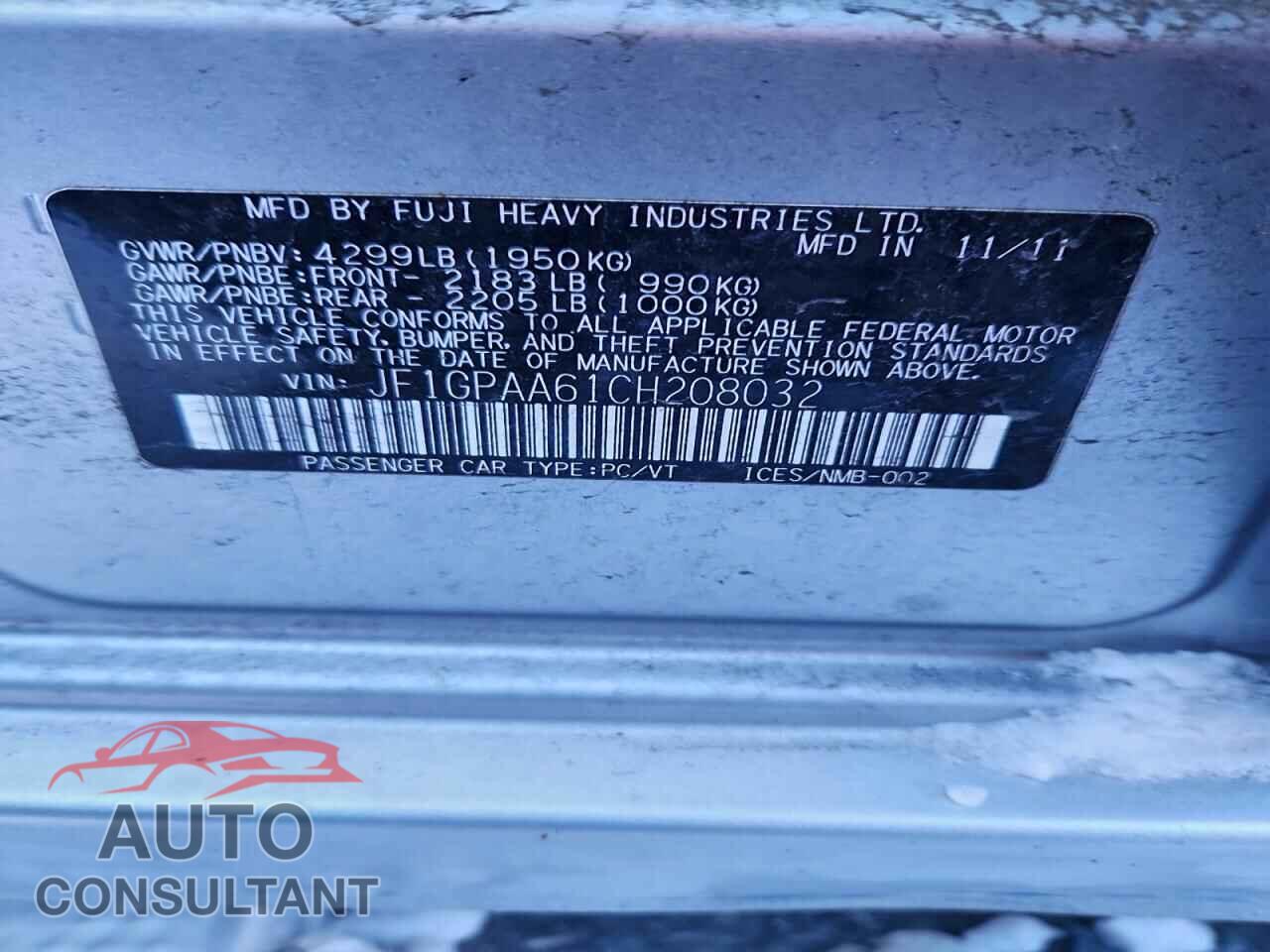 SUBARU IMPREZA 2012 - JF1GPAA61CH208032