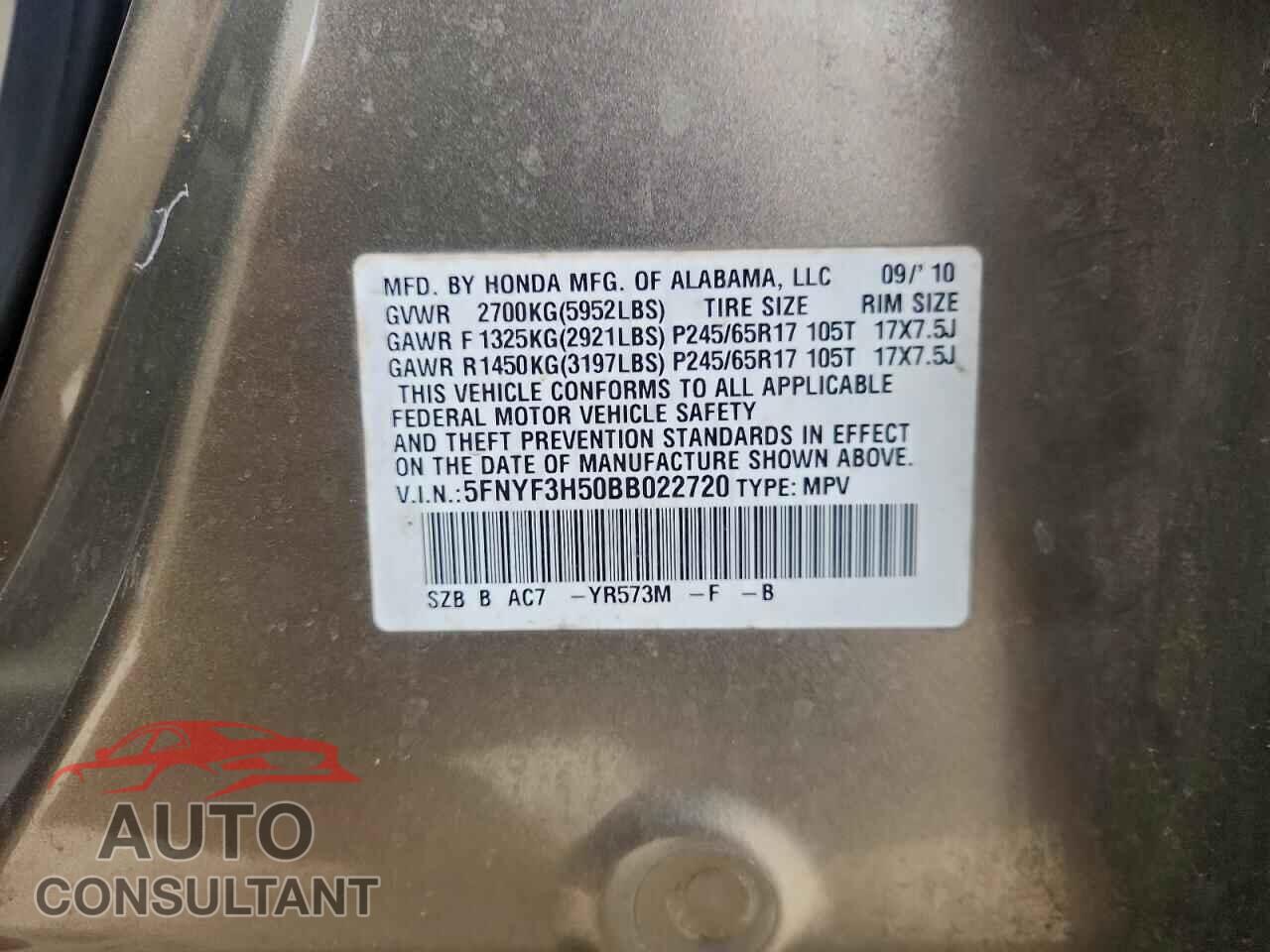 HONDA PILOT 2011 - 5FNYF3H50BB022720