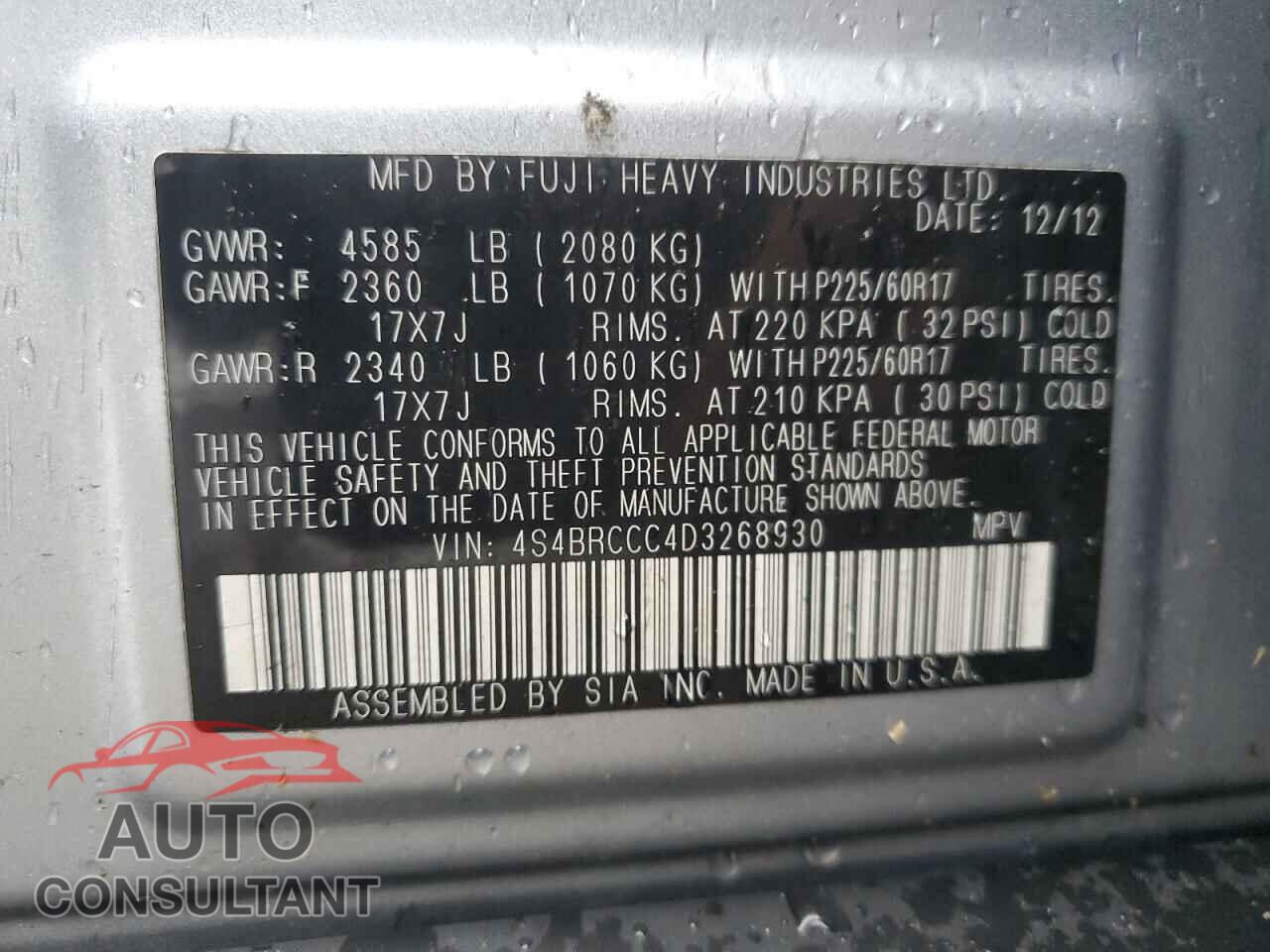 SUBARU OUTBACK 2013 - 4S4BRCCC4D3268930