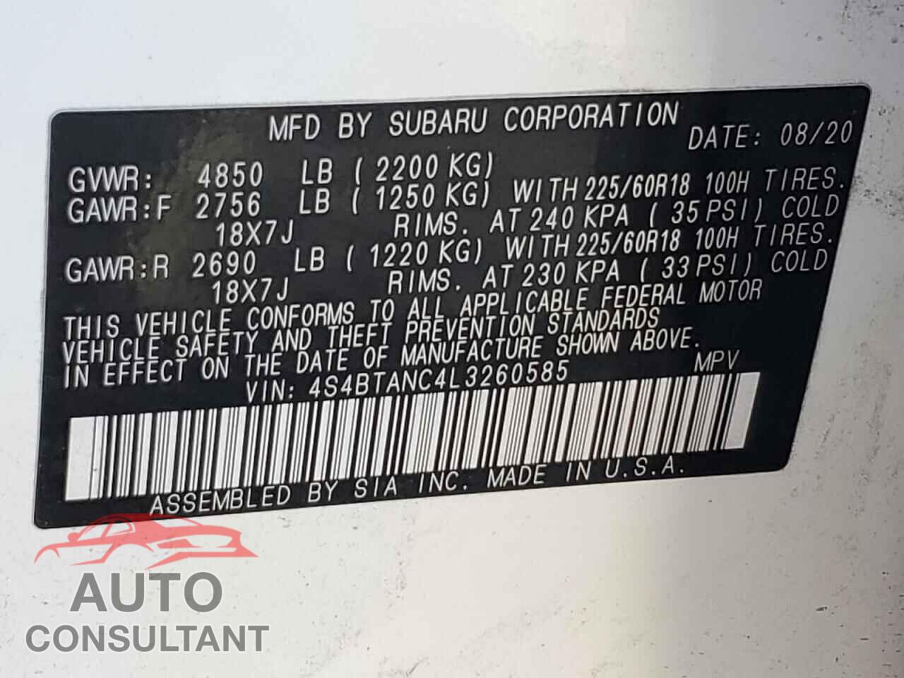 SUBARU OUTBACK 2020 - 4S4BTANC4L3260585