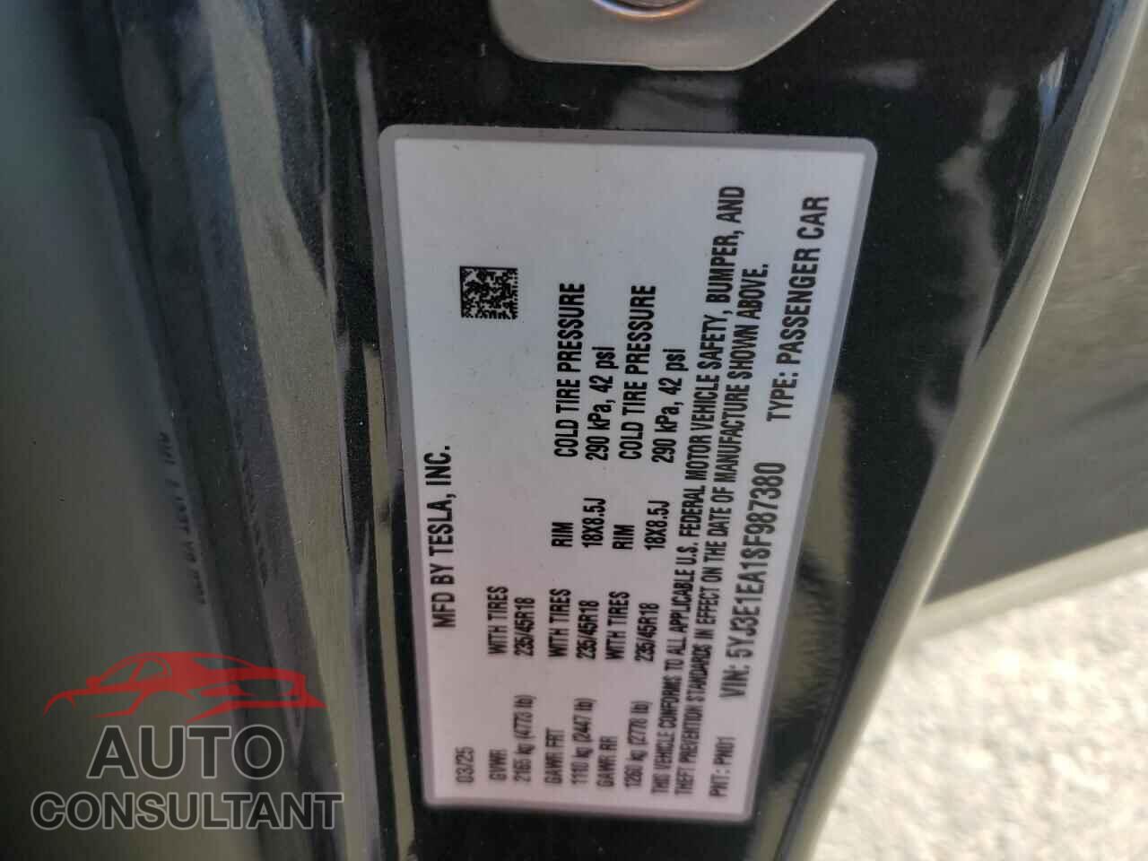 TESLA MODEL 3 2025 - 5YJ3E1EA1SF987380