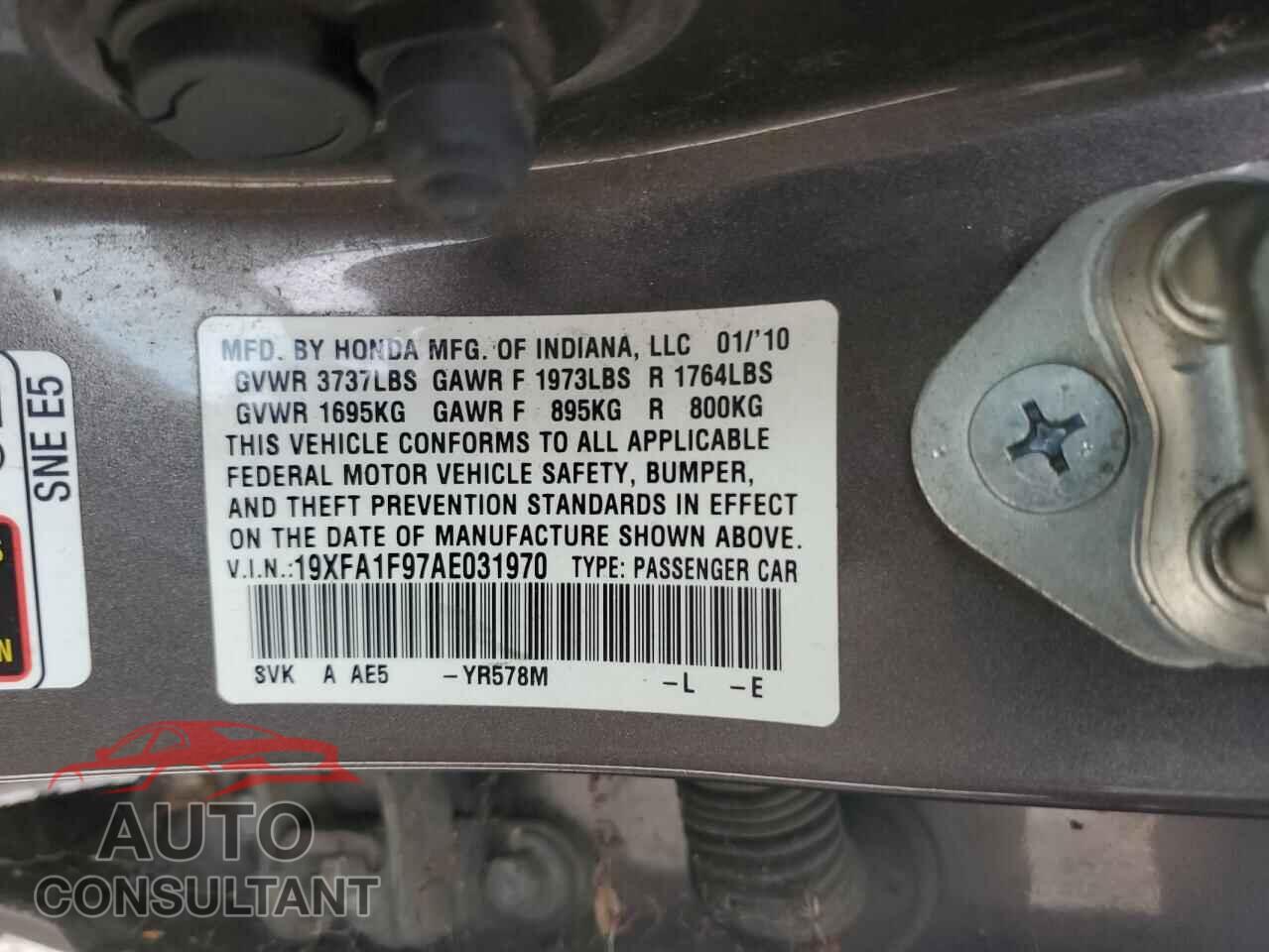 HONDA CIVIC 2010 - 19XFA1F97AE031970