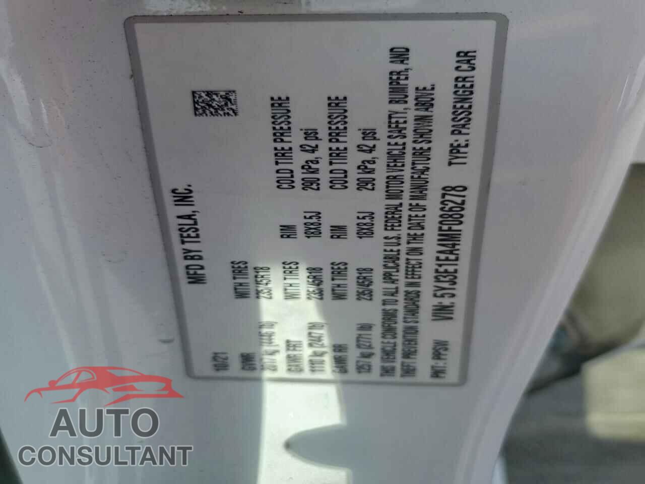 TESLA MODEL 3 2021 - 5YJ3E1EA4MF086278