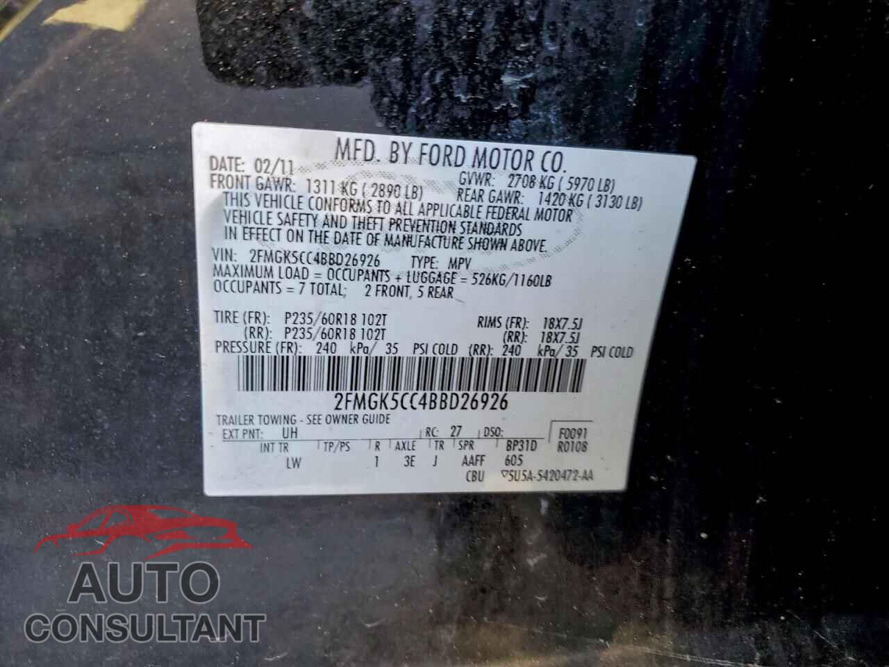 FORD FLEX 2011 - 2FMGK5CC4BBD26926