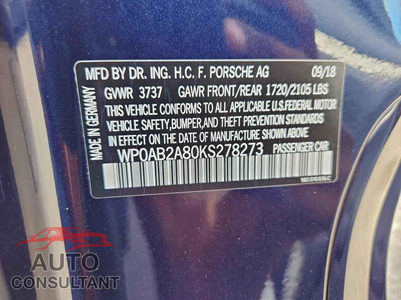 PORSCHE CAYMAN 2019 - WP0AB2A80KS278273