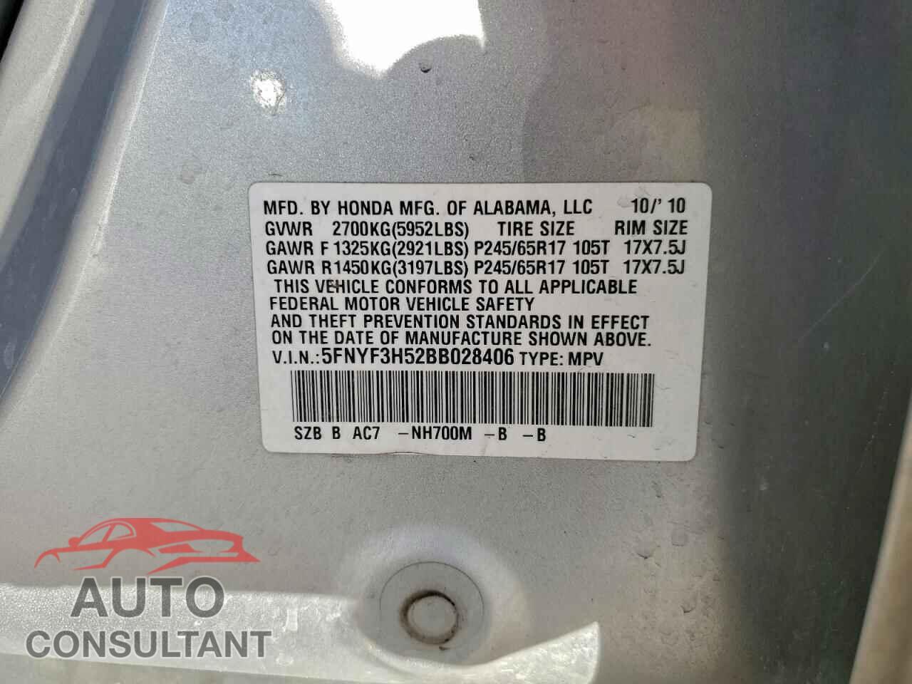 HONDA PILOT 2011 - 5FNYF3H52BB028406