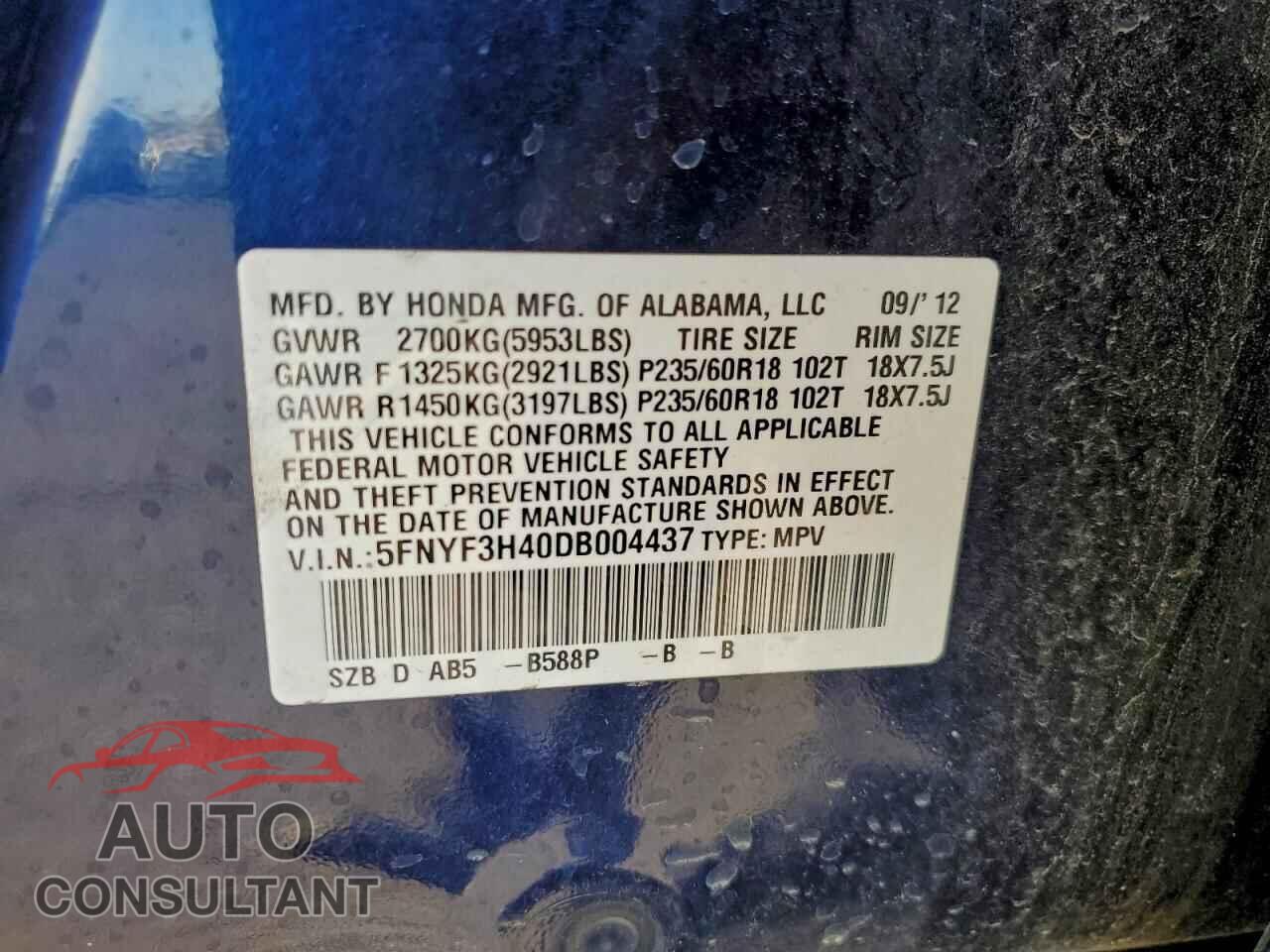 HONDA PILOT 2013 - 5FNYF3H40DB004437