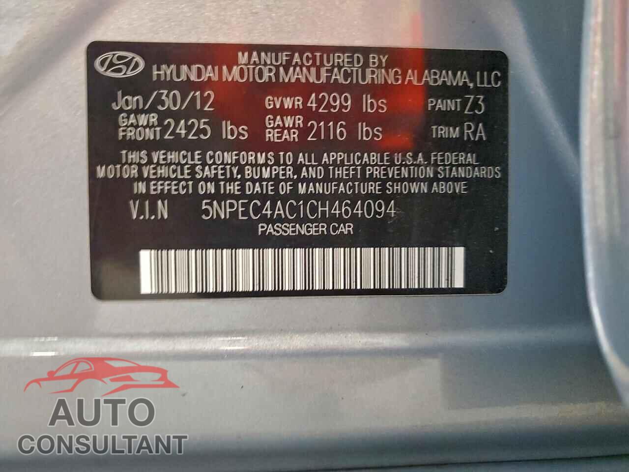 HYUNDAI SONATA 2012 - 5NPEC4AC1CH464094