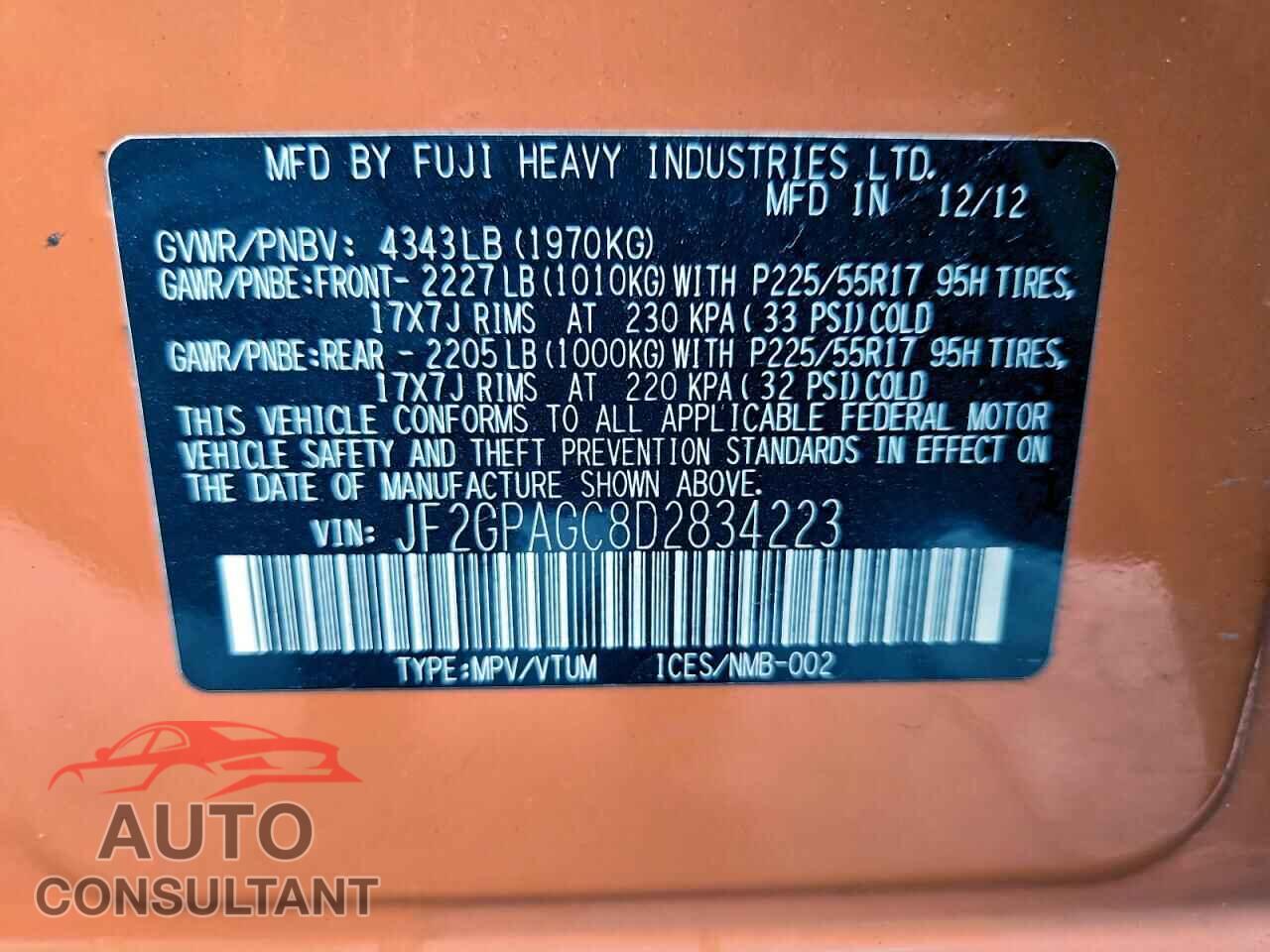 SUBARU XV 2013 - JF2GPAGC8D2834223