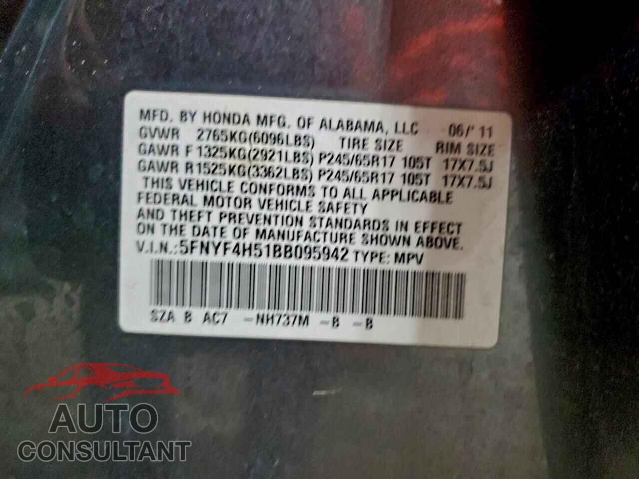 HONDA PILOT 2011 - 5FNYF4H51BB095942
