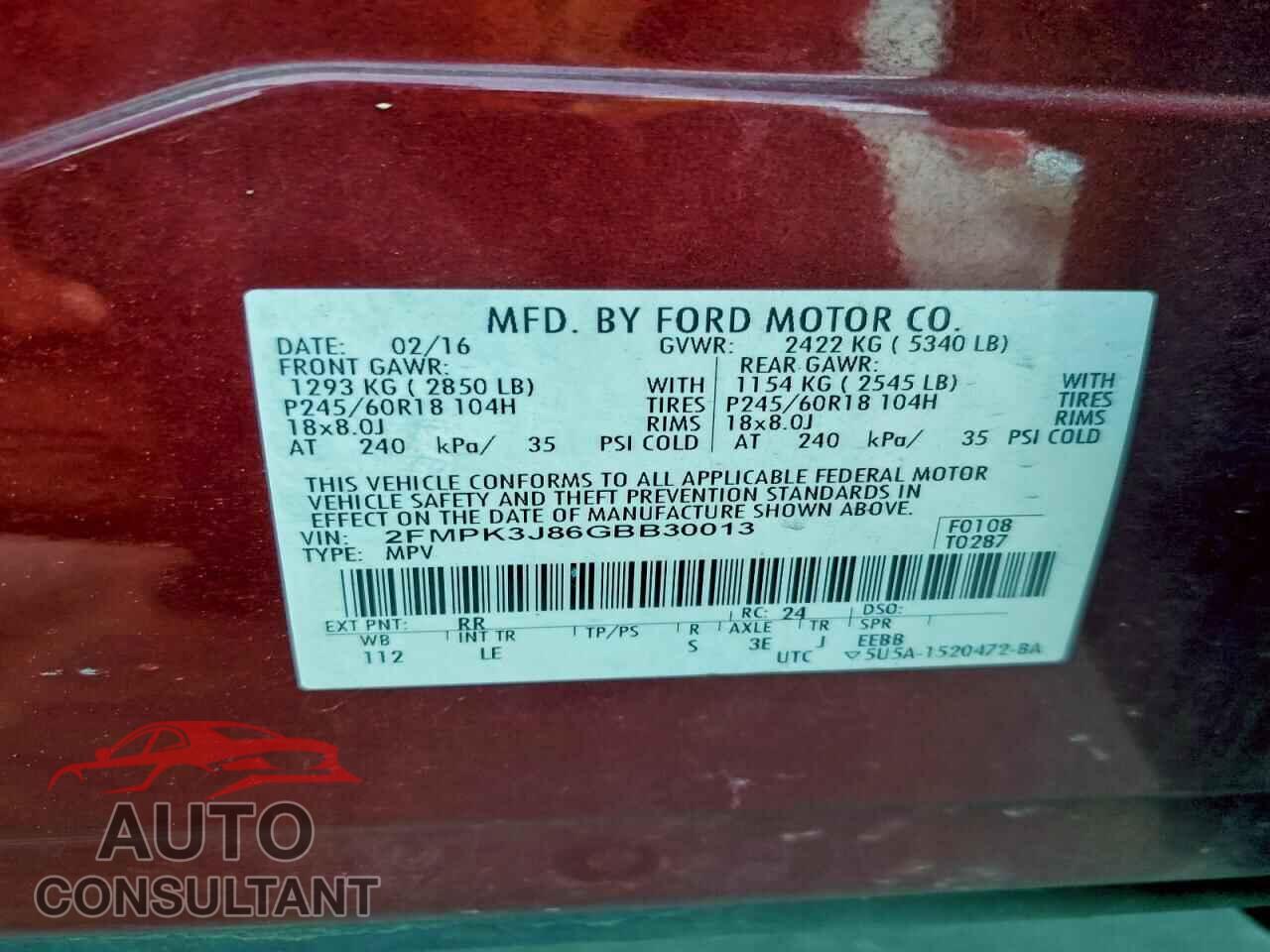 FORD EDGE 2016 - 2FMPK3J86GBB30013