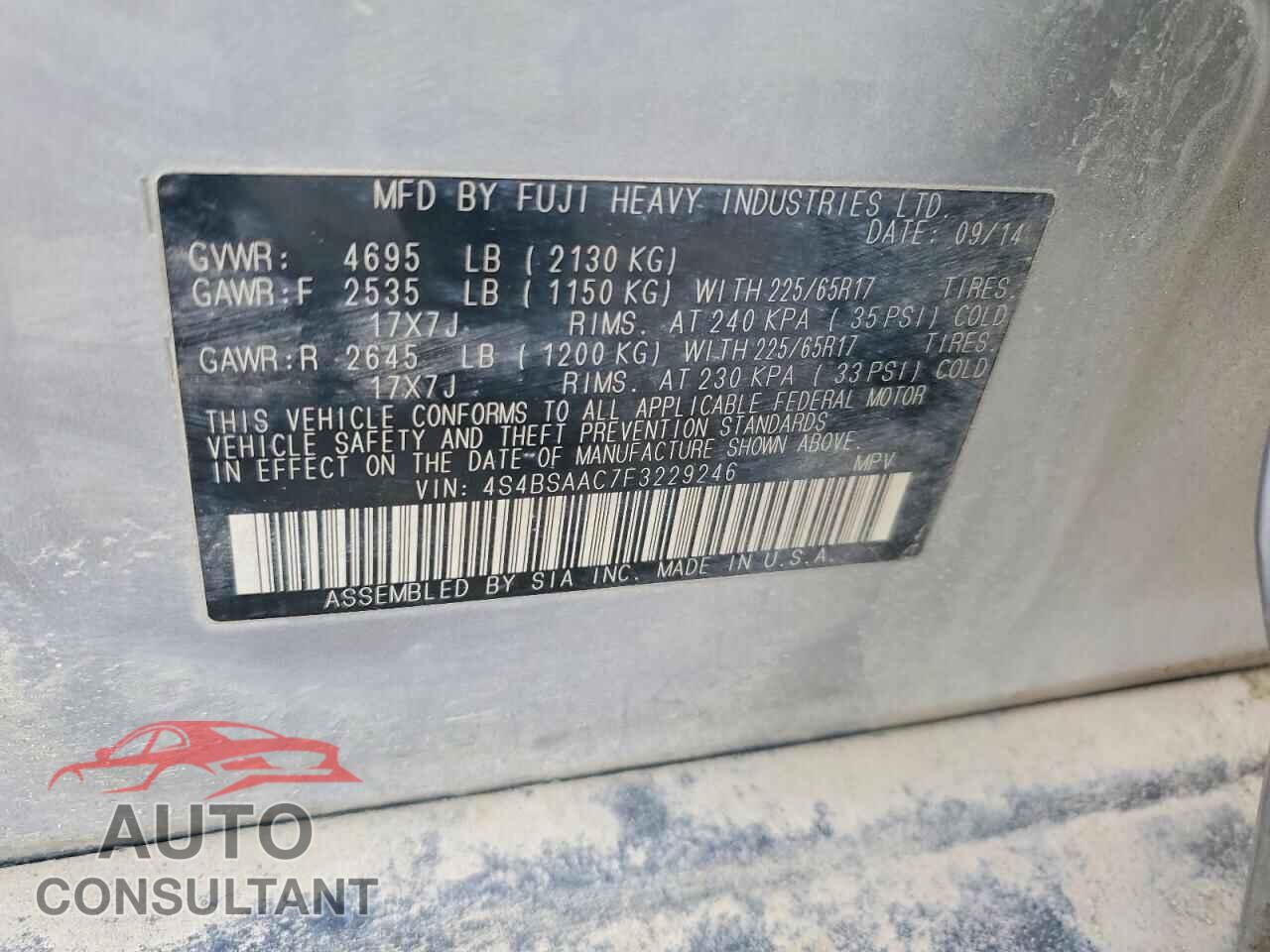 SUBARU OUTBACK 2015 - 4S4BSAAC7F3229246