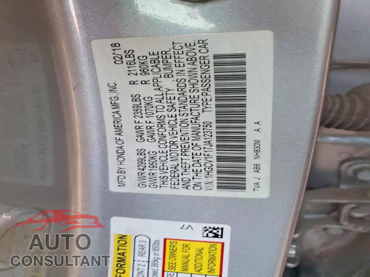 HONDA ACCORD 2018 - 1HGCV1F17JA123750