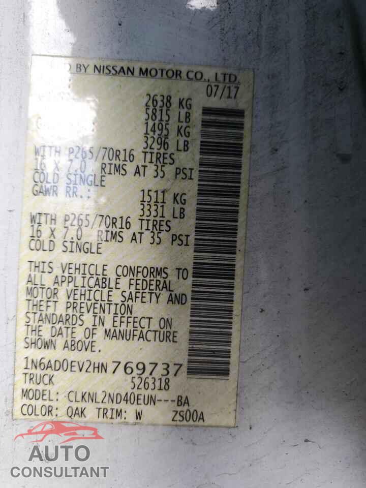 NISSAN FRONTIER 2017 - 1N6AD0EV2HN769737