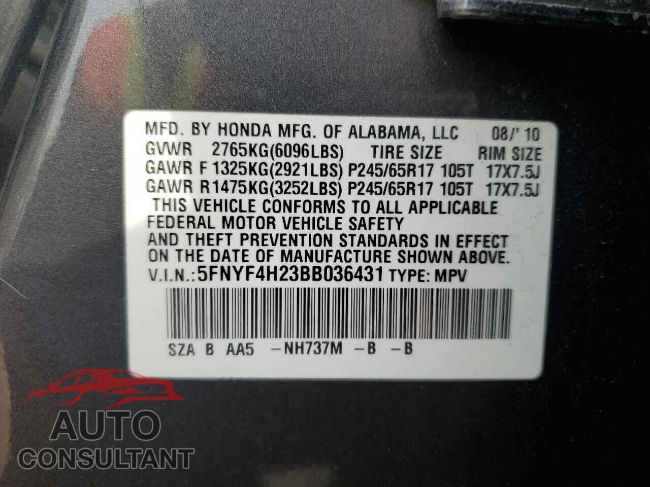 HONDA PILOT 2011 - 5FNYF4H23BB036431
