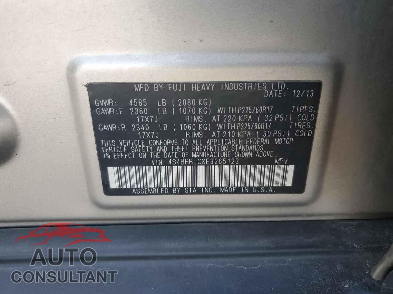 SUBARU OUTBACK 2014 - 4S4BRBLCXE3265123