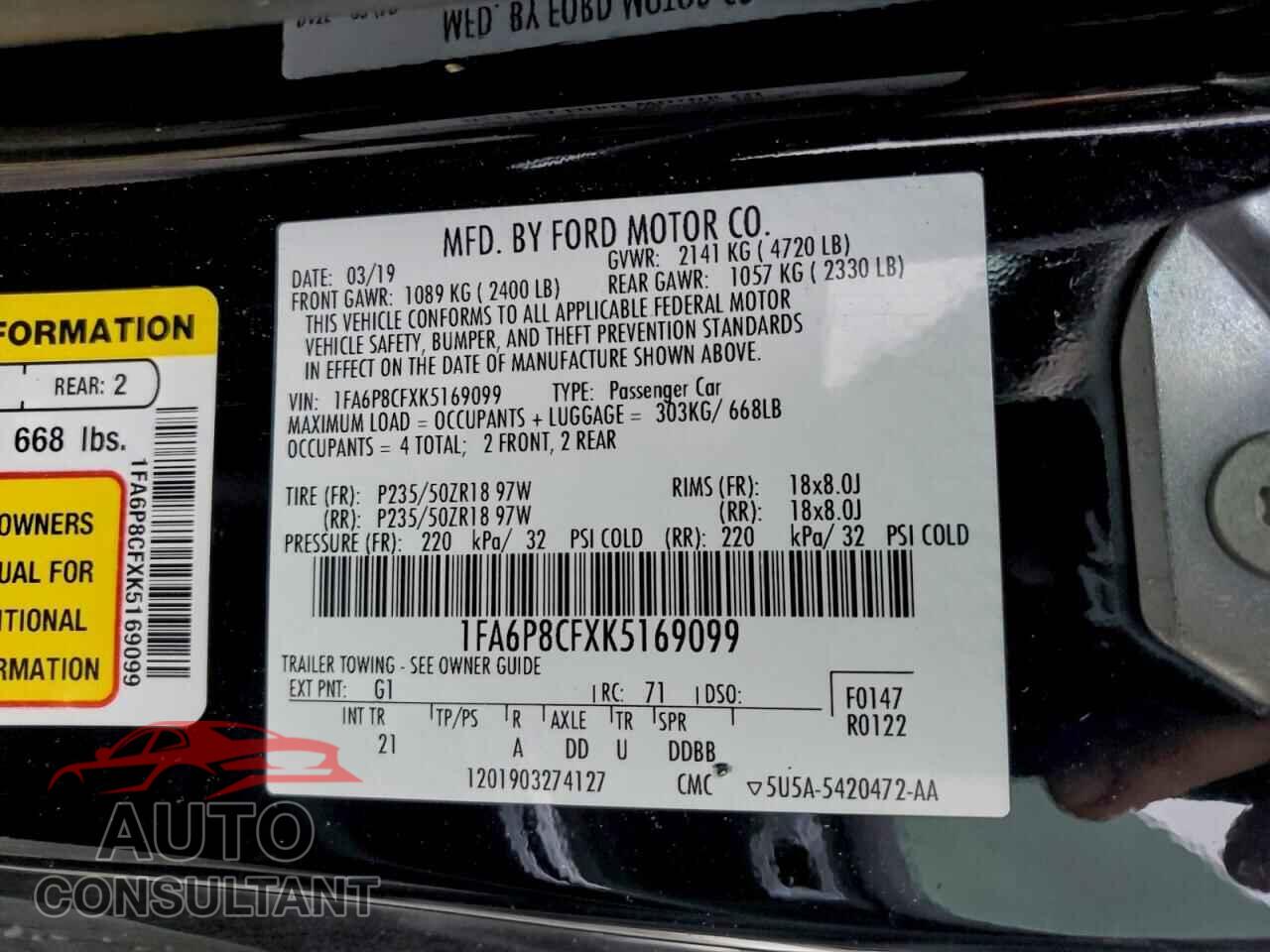 FORD MUSTANG 2019 - 1FA6P8CFXK5169099