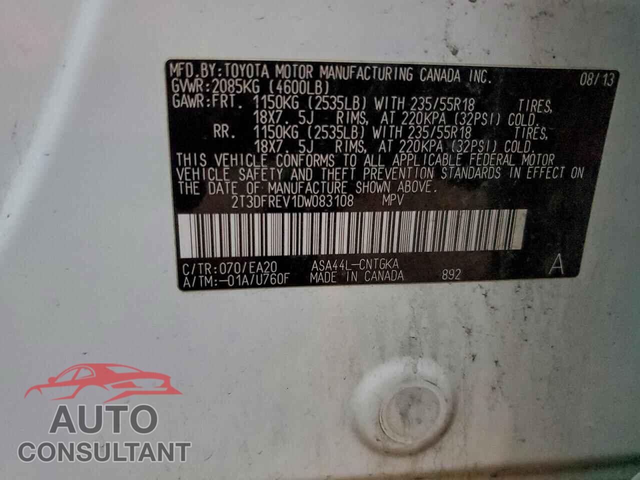 TOYOTA RAV4 2013 - 2T3DFREV1DW083108