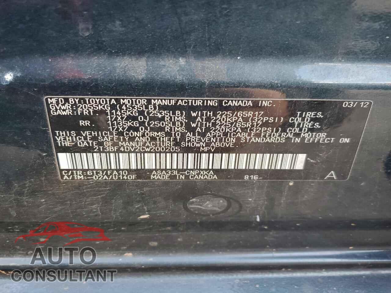 TOYOTA RAV4 2012 - 2T3BF4DV2CW200205