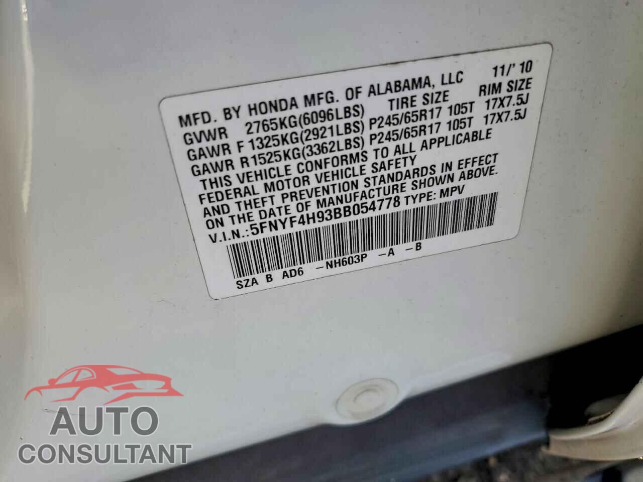 HONDA PILOT 2011 - 5FNYF4H93BB054778