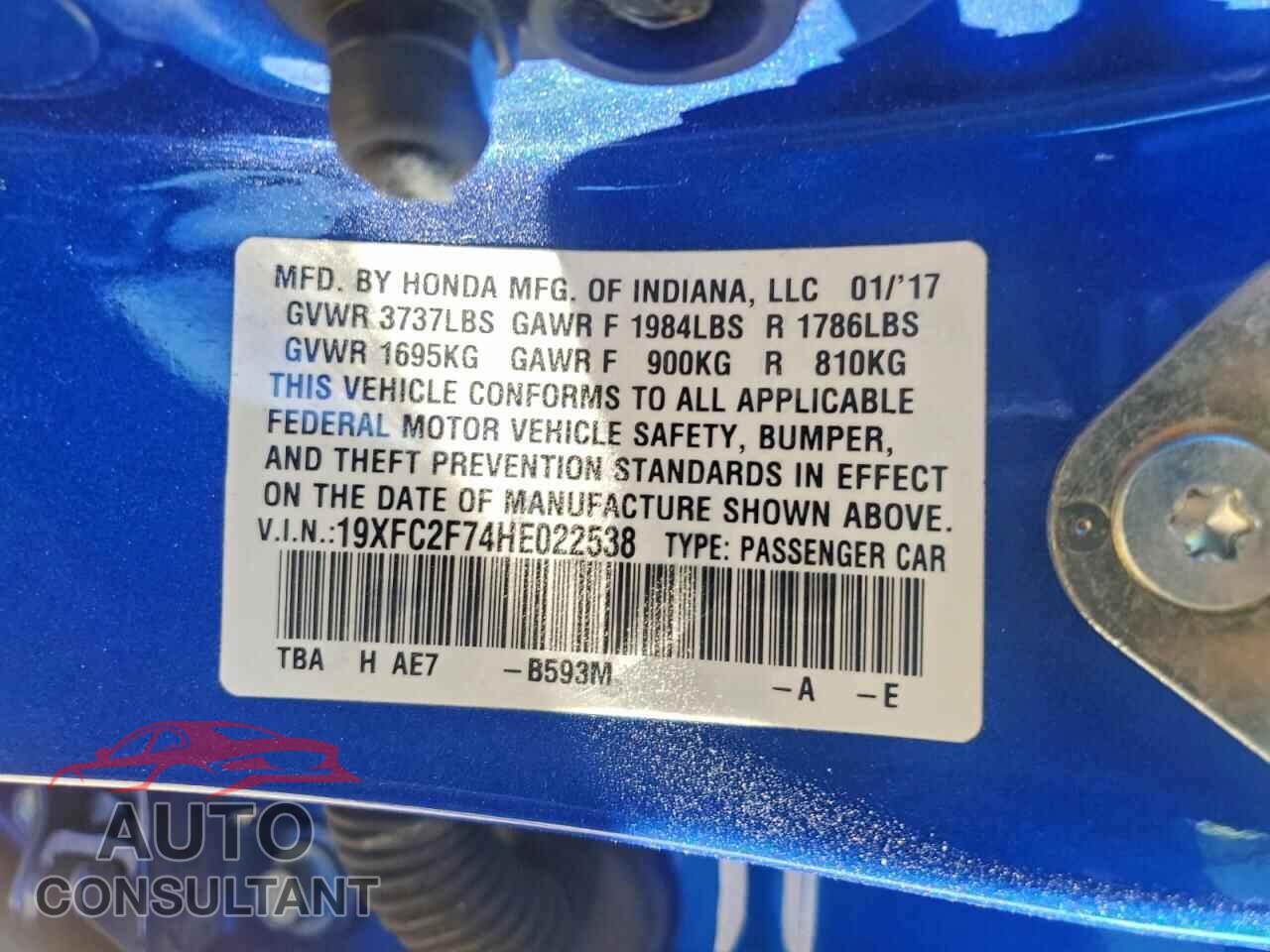 HONDA CIVIC 2017 - 19XFC2F74HE022538