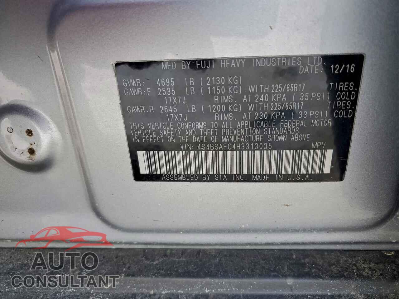 SUBARU OUTBACK 2017 - 4S4BSAFC4H3313035