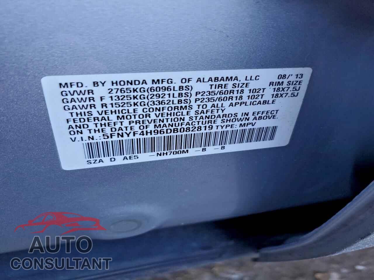 HONDA PILOT 2013 - 5FNYF4H96DB082819