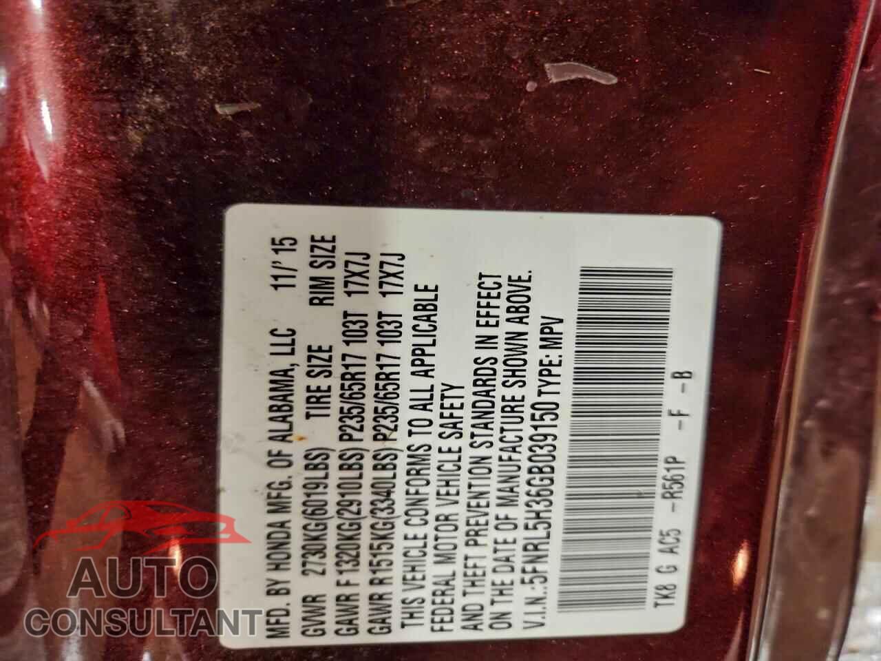 HONDA ODYSSEY 2016 - 5FNRL5H36GB039150