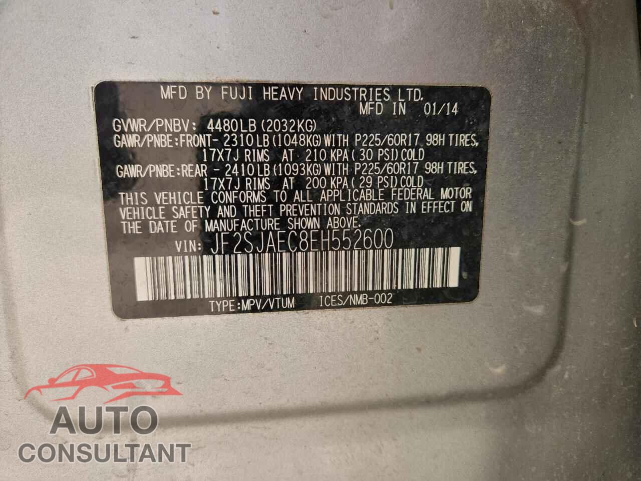 SUBARU FORESTER 2014 - JF2SJAEC8EH552600