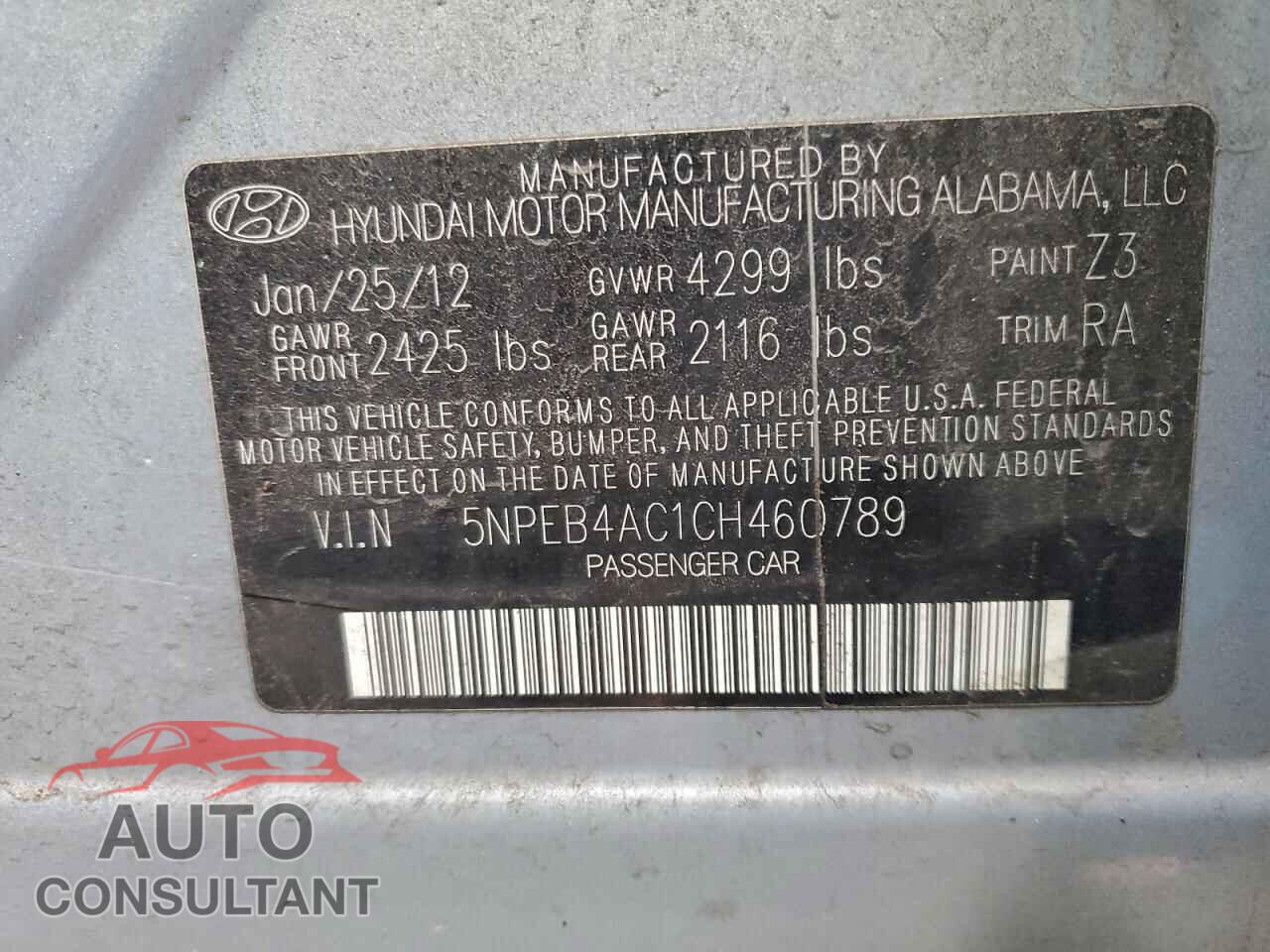 HYUNDAI SONATA 2012 - 5NPEB4AC1CH460789
