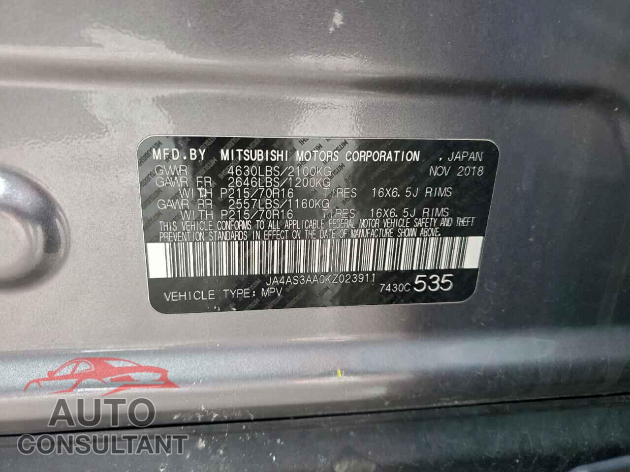 MITSUBISHI ECLIPSE 2019 - JA4AS3AA0KZ023911