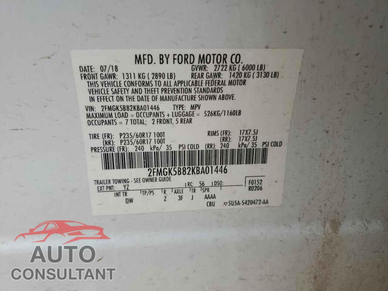 FORD FLEX 2019 - 2FMGK5B82KBA01446
