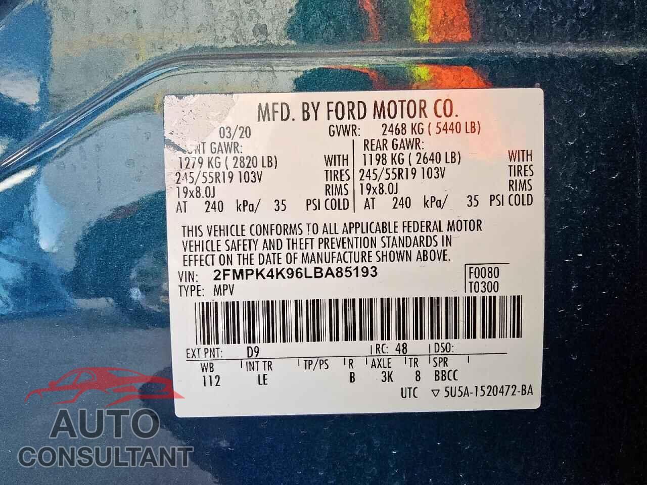 FORD EDGE 2020 - 2FMPK4K96LBA85193