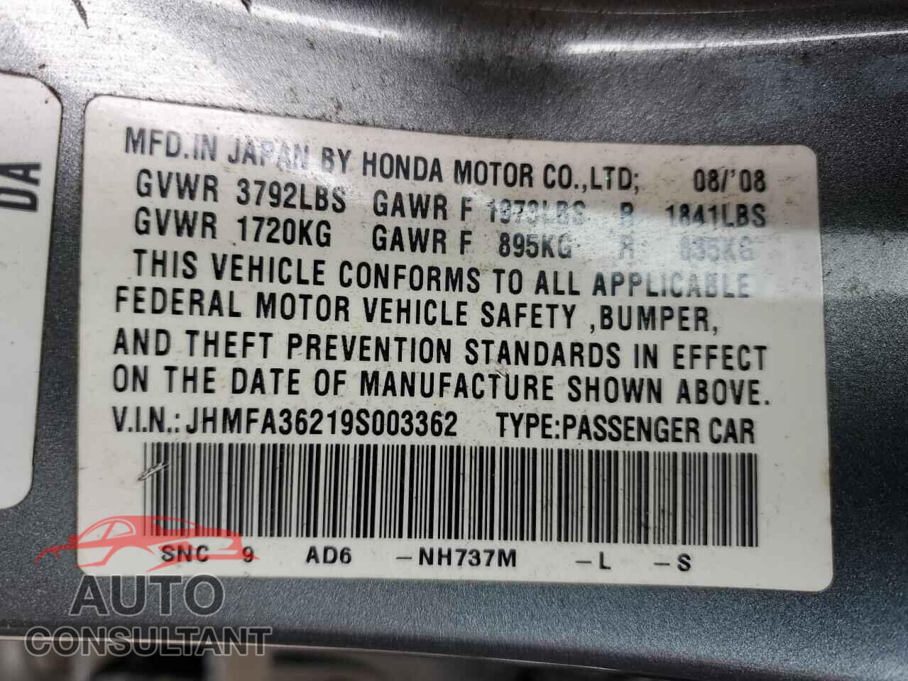 HONDA CIVIC 2009 - JHMFA36219S003362