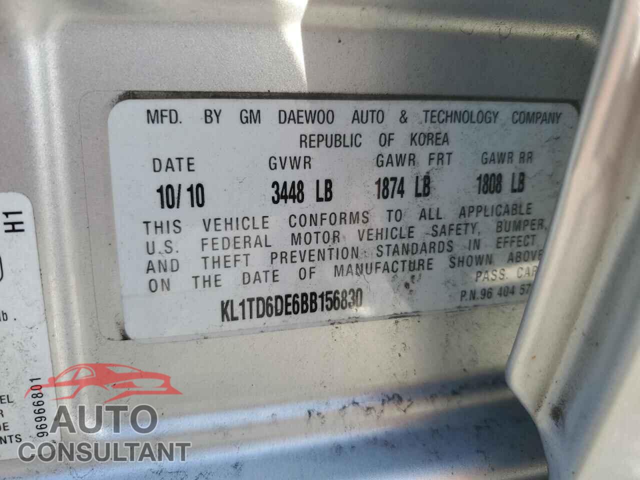 CHEVROLET AVEO 2011 - KL1TD6DE6BB156830