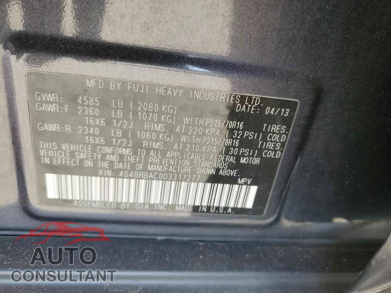 SUBARU OUTBACK 2013 - 4S4BRBAC0D3317277