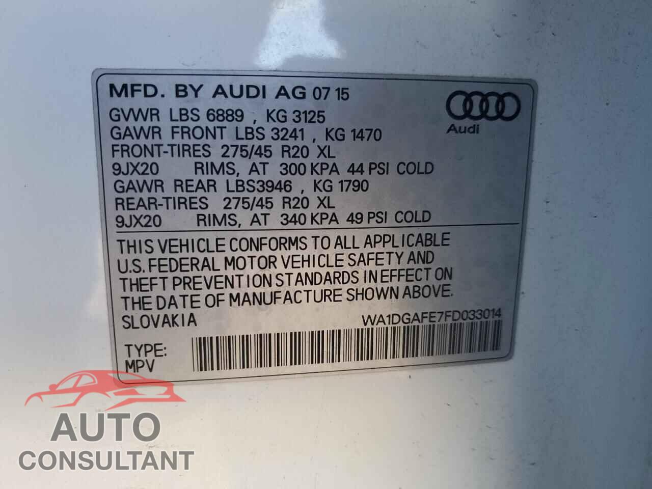 AUDI Q7 2015 - WA1DGAFE7FD033014