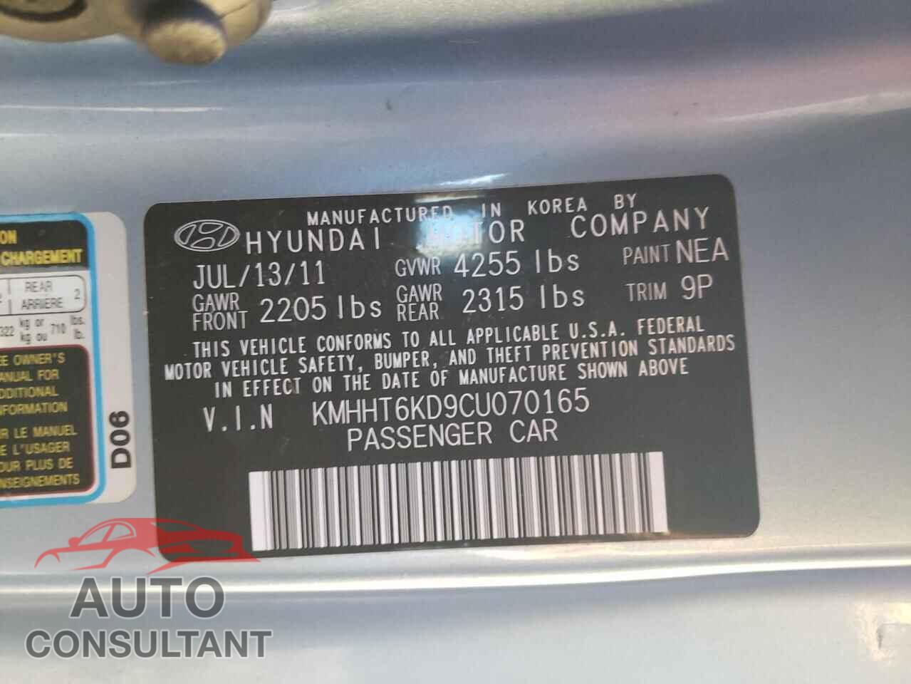 HYUNDAI GENESIS 2012 - KMHHT6KD9CU070165