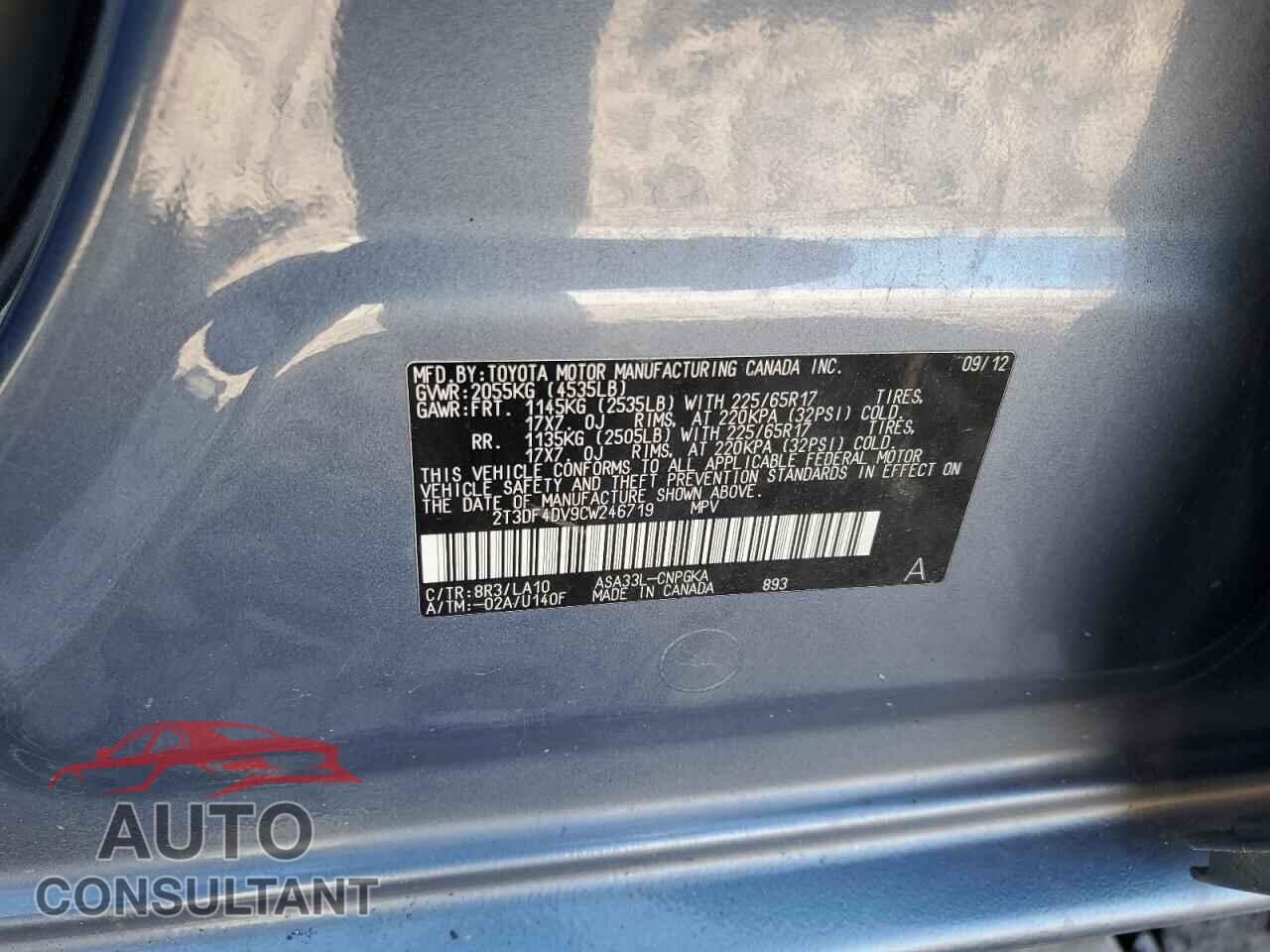 TOYOTA RAV4 2012 - 2T3DF4DV9CW246719