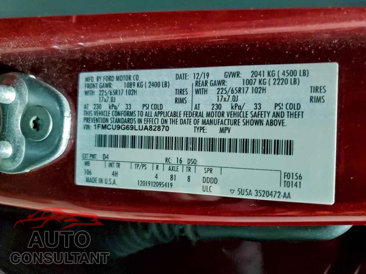 FORD ESCAPE 2020 - 1FMCU9G69LUA82870