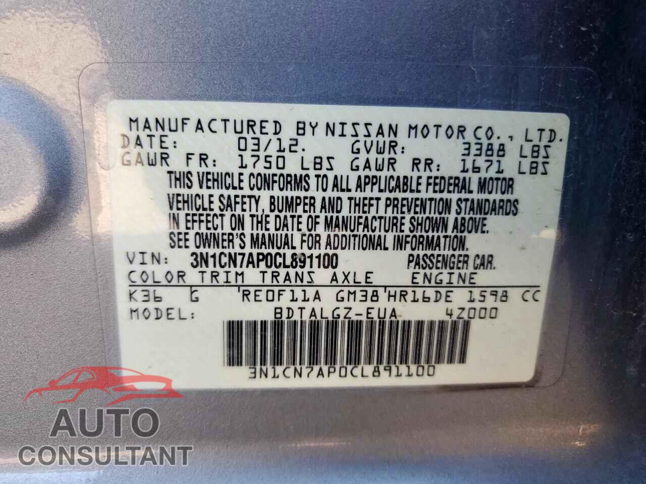 NISSAN VERSA 2012 - 3N1CN7AP0CL891100
