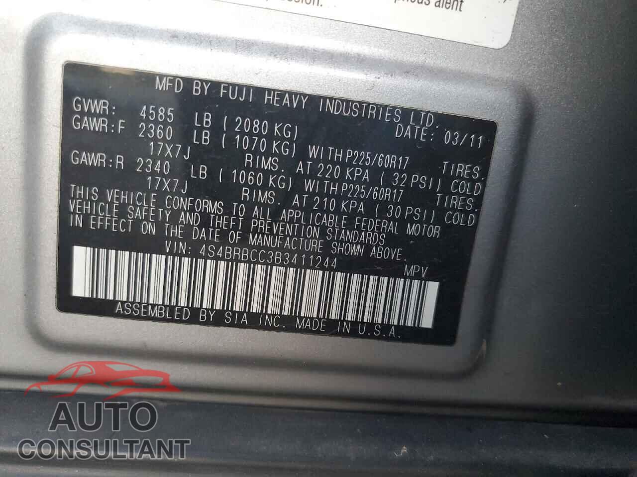 SUBARU OUTBACK 2011 - 4S4BRBCC3B3411244
