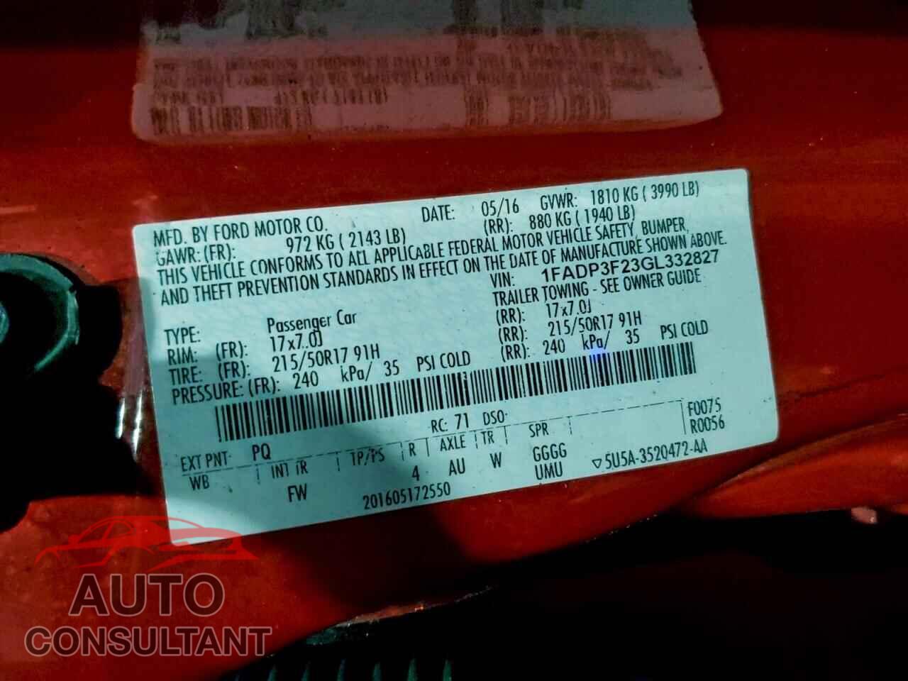 FORD FOCUS 2016 - 1FADP3F23GL332827