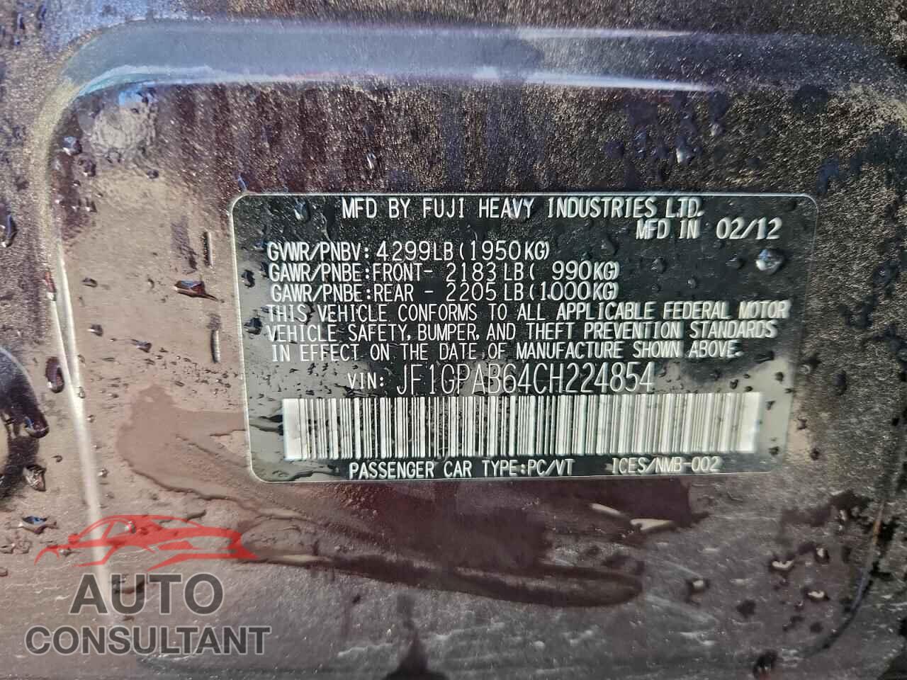 SUBARU IMPREZA 2012 - JF1GPAB64CH224854